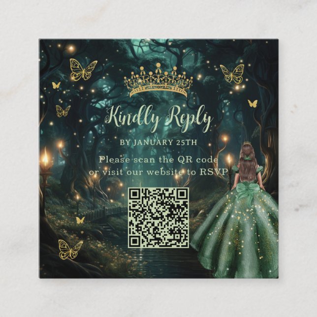 Carte D'accompagnement Forêt enchantée vert émeraude Quinceañera QR RSVP (Devant)