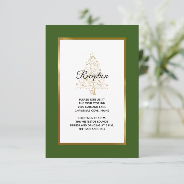 Carte D'accompagnement Forêt Green Gold Noël Arbre de mariage Réception (Debout devant)
