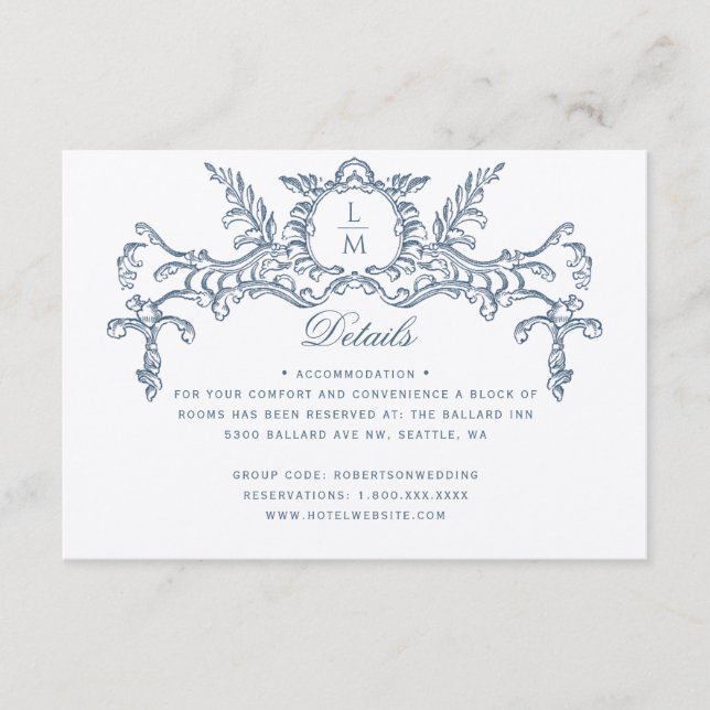 Carte D'accompagnement French Blue Ornat Baroque Détails du Mariage (Devant)