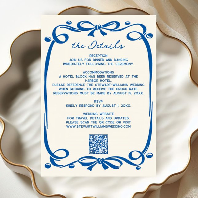 Carte D'accompagnement French Blue Whimsical Hand Drawn Ribbon Wedding  (Créateur téléchargé)