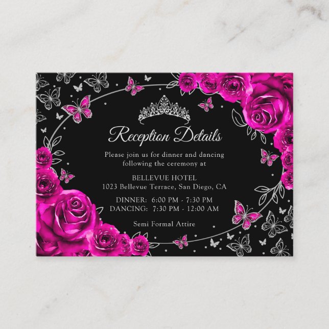 Carte D'accompagnement Fuchsia Pink Silver Quinceanera Reception Details (Devant)