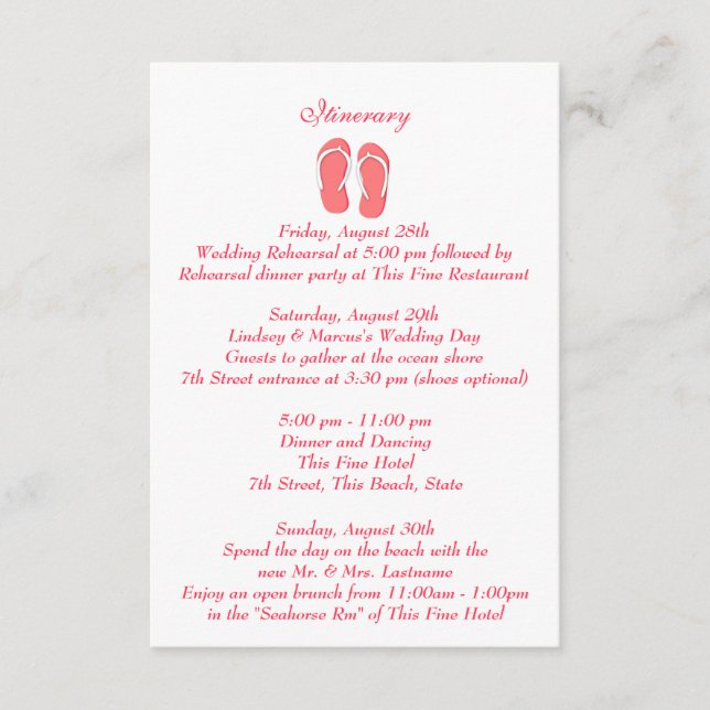 Carte D'accompagnement Fun Beach Flip Flops Mariage rose Intinéraire (Devant)