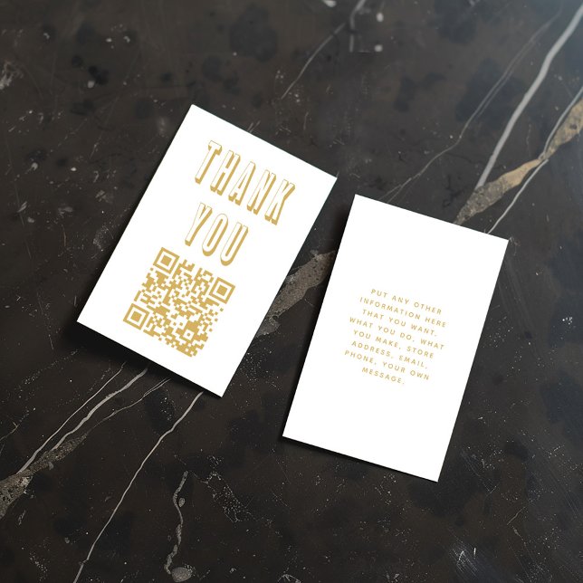 Carte D'accompagnement Fun bold grand merci or code QR (Bold white and gold thank-you insert card with QR code, displayed on a black marble surface)