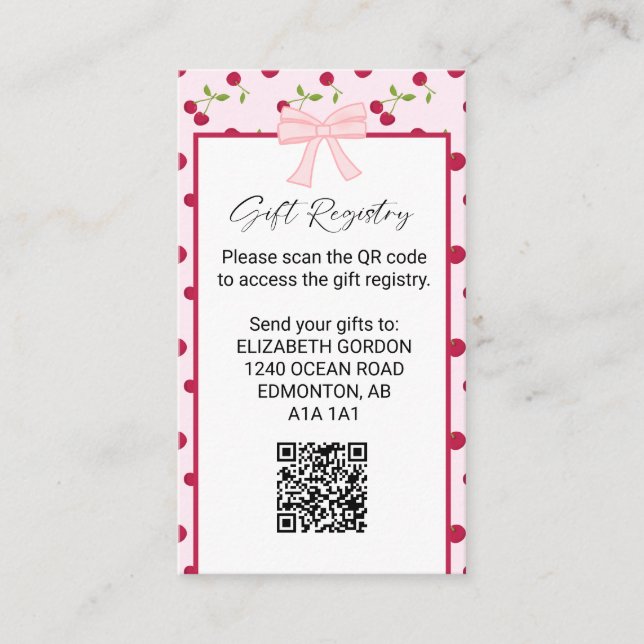 Carte D'accompagnement Gift Registry Cherry Baby Shower QR Code (Devant)