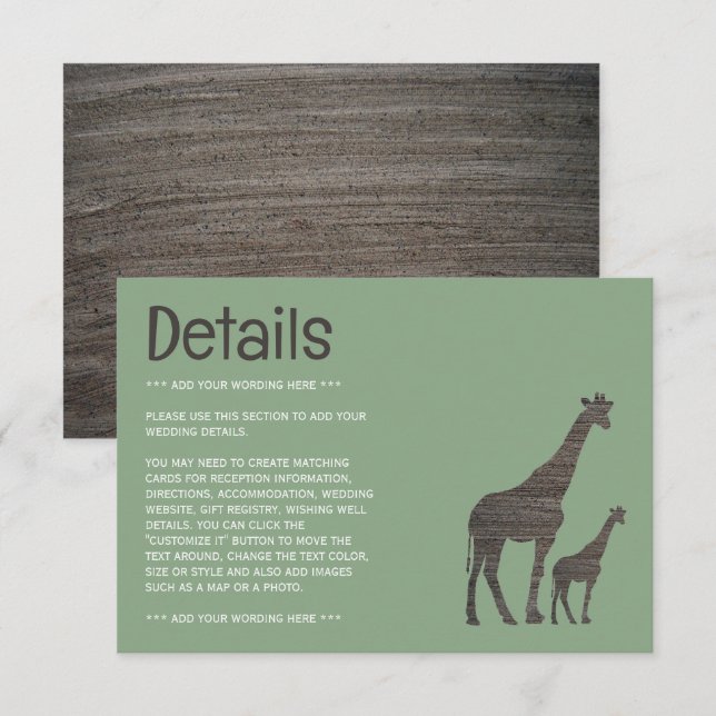 Carte D'accompagnement Girafe en argile Safari, détail de mariage rustiqu (Devant / Derrière)