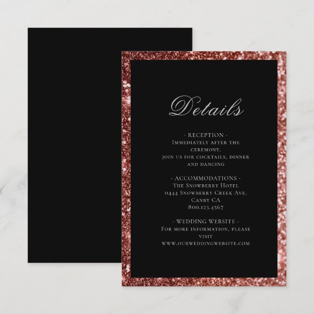 Carte D'accompagnement Glam Rose Gold Black Parties scintillant Mariage D (Devant / Derrière)