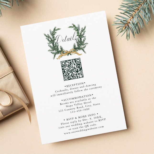Carte D'accompagnement Gold Bow & Evergreen Pine Wreath Wedding Details (Créateur téléchargé)