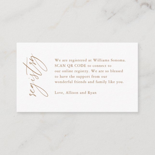 Carte D'accompagnement Gold Calligraphie Code QR Mariage Registre Cadeau (Devant)