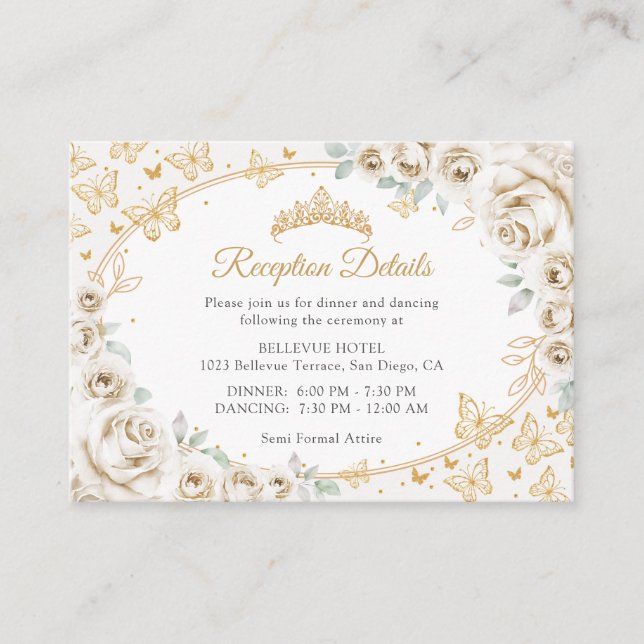 Carte D'accompagnement Gold Cream Quinceanera Reception Details (Devant)