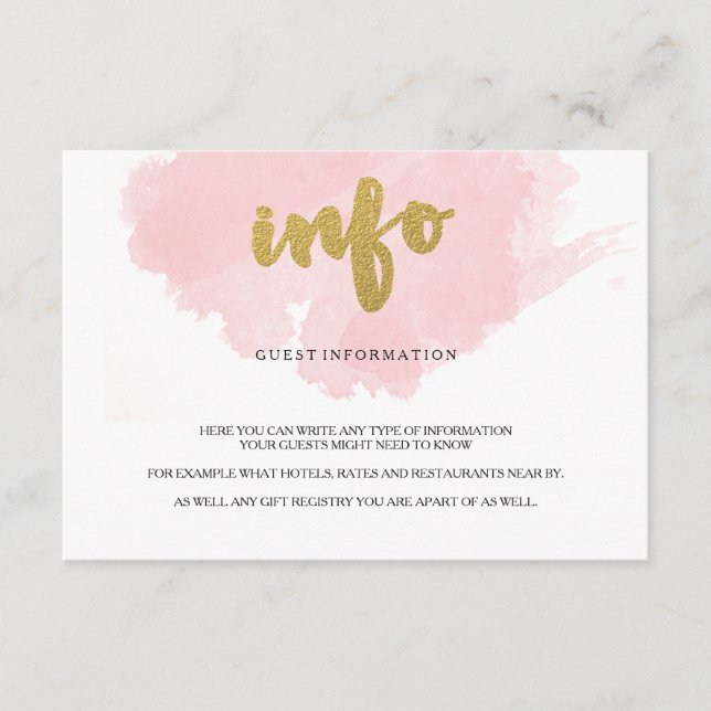 Carte D'accompagnement Gold et Blush Watercolor Informations sur l'invité (Devant)