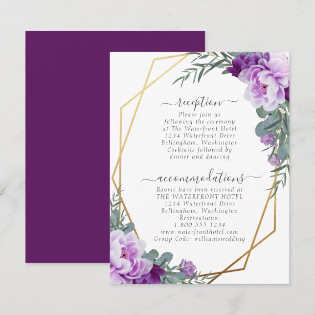 Carte D'accompagnement Gold et Purple Elegant Floral Mariage Détails (Devant / Derrière)