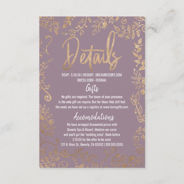 Carte D'accompagnement Gold Floral Parties scintillant Ombre Mauve Lilac  (Devant)