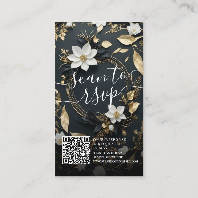 Carte D'accompagnement Gold Floral Wreath Mariage QR Code Site Web RSVP (Devant)