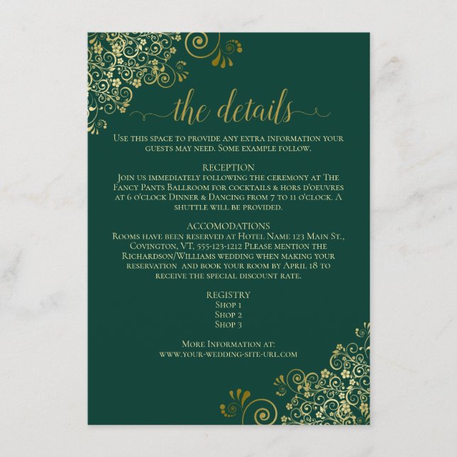 Carte D'accompagnement Gold Frills Elegant Emerald Green Détails du Maria (Devant)