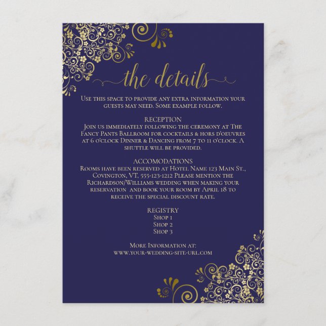 Carte D'accompagnement Gold Frills Elegant Navy Blue Détails du Mariage (Devant)