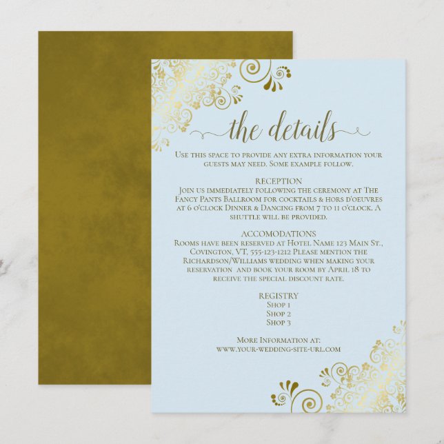 Carte D'accompagnement Gold Frills Elegant Powder Blue Détails du Mariage (Devant / Derrière)