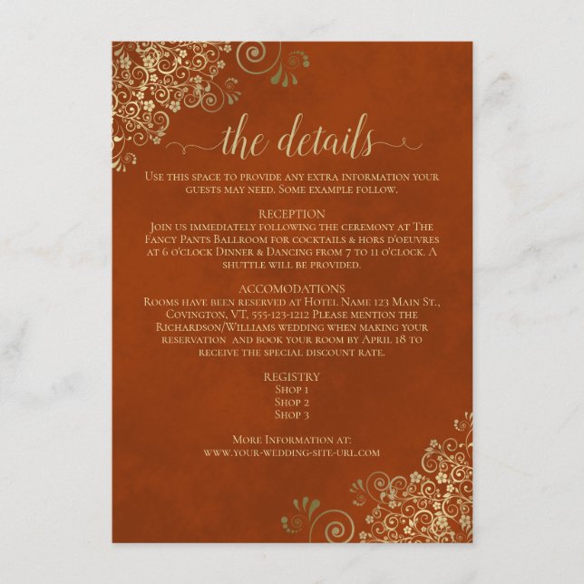 Carte D'accompagnement Gold Frills Elegant Rust Orange Détails du Mariage (Devant)