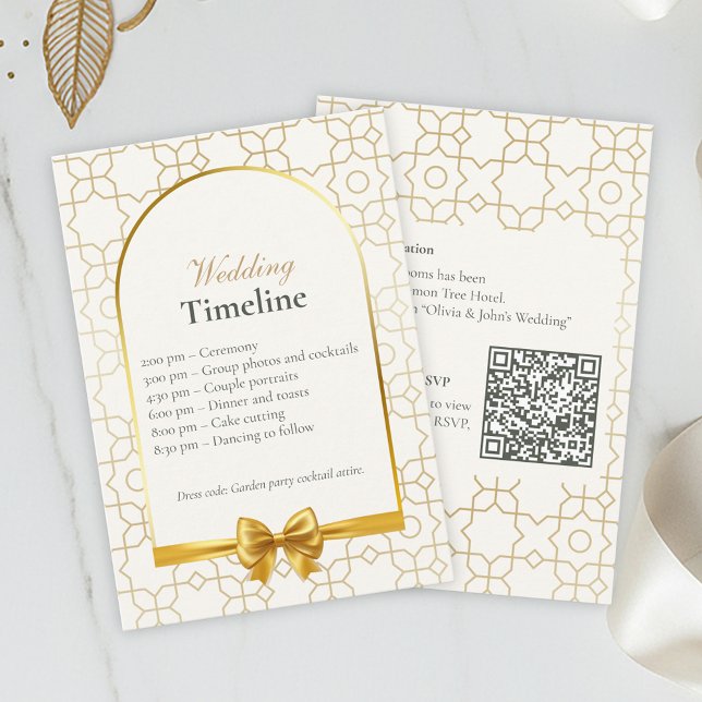 Carte D'accompagnement Gold Geometric Wedding Timeline Cards with QR Code (Gold & Ivory Geometric Art Deco Wedding Timeline Card)
