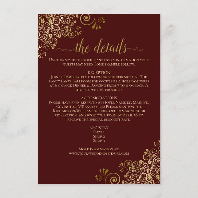 Carte D'accompagnement Gold Lace Elegant Auburn Brown Détails du Mariage (Devant)