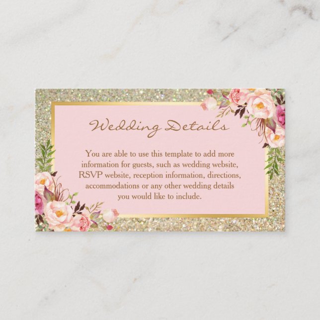 Carte D'accompagnement Gold Parties scintillant Floral Détails du Mariage (Devant)