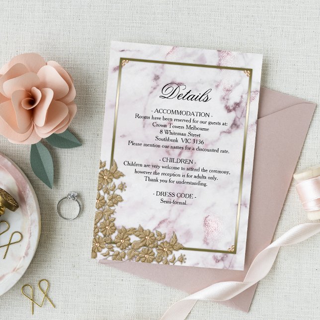 Carte D'accompagnement Gold Pearls Élégant Marbre rose Détails Mariage (Créateur téléchargé)