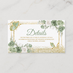 Carte D'accompagnement Gold Quinceañera Sage Green Crown Butterfly Détail