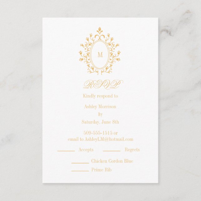 Carte D'accompagnement Gold RSVP card Monogram With 2 Entree Choice (Devant)