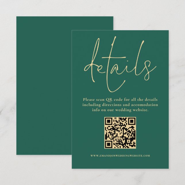 Carte D'accompagnement Gold Text QR Code Mariage Emerald Green Détails (Devant / Derrière)
