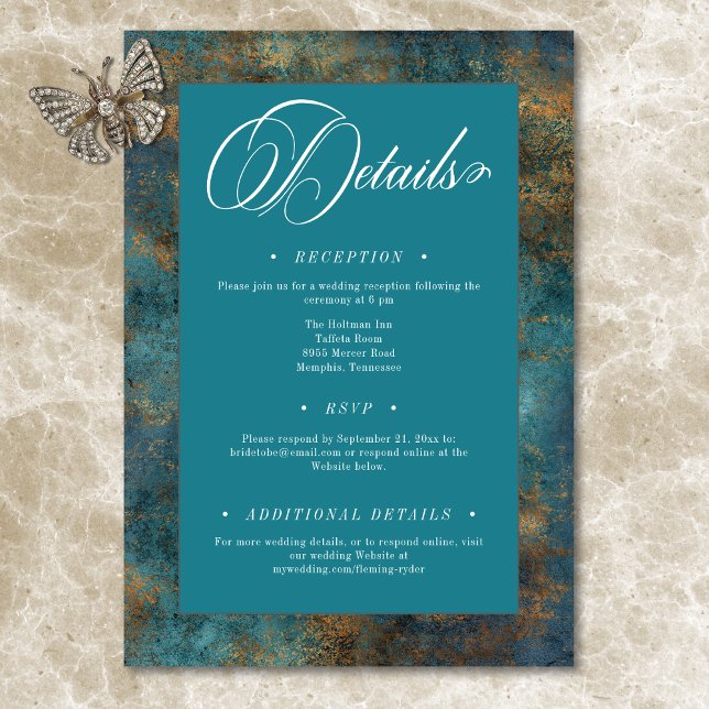 Carte D'accompagnement Gothique Antique Turquoise Gold Mariage damassé Dé (Gothic Antique Teal Gold Damask Wedding Details Enclosure Card)