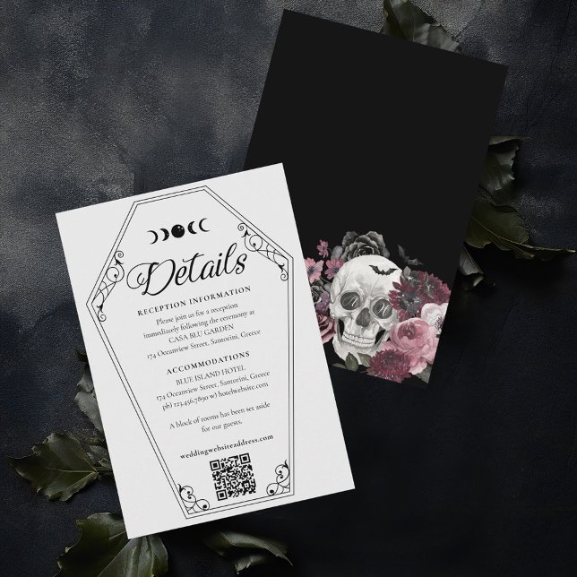 Carte D'accompagnement Gothique Halloween Mariage Coffin et crâne floral (Gothic Halloween Wedding Coffin & Floral Skull Enclosure Card)