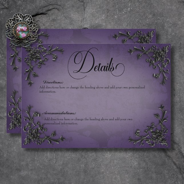 Carte D'accompagnement Gothique noir & violet Filigree Détails du coeur (Gothic Black & Purple Filigree Heart Details Enclosure Card)