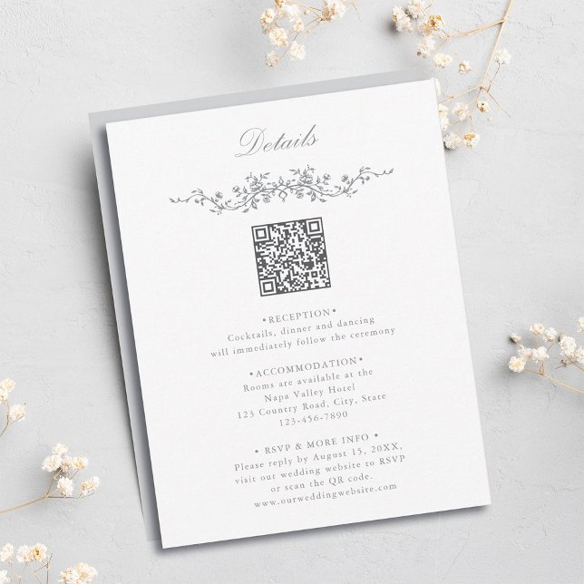 Carte D'accompagnement Gray Elegant Floral QR Code Détails du Mariage (Créateur téléchargé)