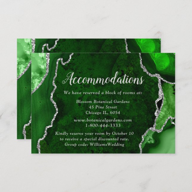 Carte D'accompagnement Green and Silver Agate Wedding Accommodations (Devant / Derrière)