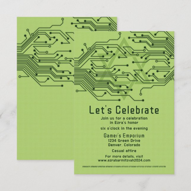 Carte D'accompagnement Green Computer Circuit Board Bar Mitzvah Réception (Devant / Derrière)