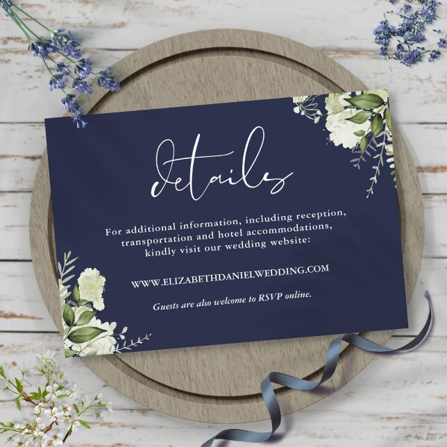 Carte D'accompagnement Green Elegant Navy Blue Détails du Mariage (Greenery Elegant Navy Blue Wedding Details Enclosure Card)