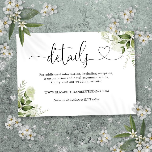 Carte D'accompagnement Green Floral Heart Script Détails du Mariage (Greenery Floral Heart Script Wedding Details Enclosure Card)