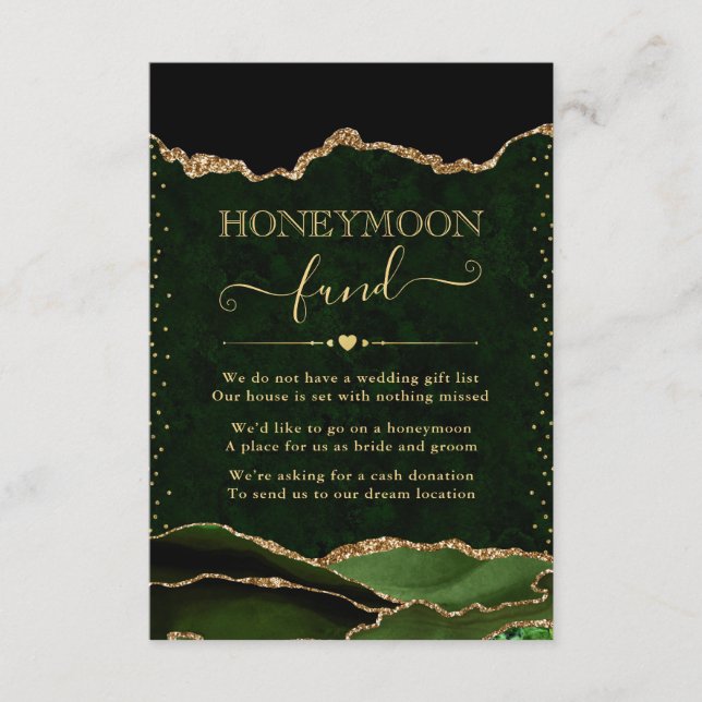 Carte D'accompagnement Green & Gold Agate Mariage Honeymoon Fund (Devant)