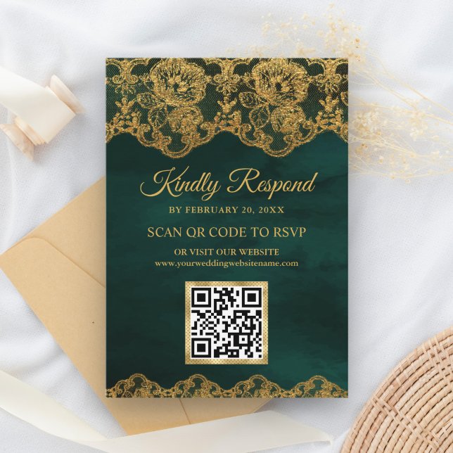 Carte D'accompagnement Green Gold Foil Lace QR Code RSVP Site Mariage (Créateur téléchargé)
