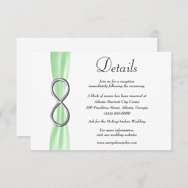 Carte D'accompagnement Green Ribbon Silver Infinity Détails du Mariage (Devant / Derrière)