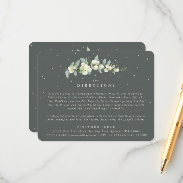 Carte D'accompagnement Green Snowberry+Eucalyptus Mariage Directions (Devant/Arrière en situation)