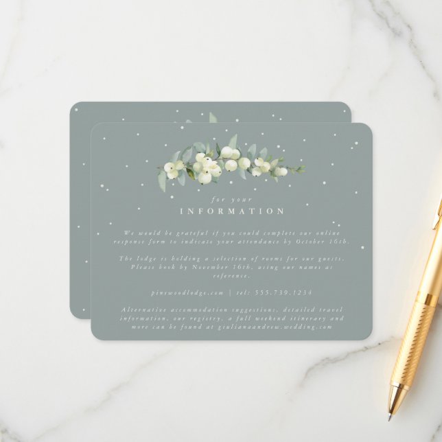Carte D'accompagnement Green Snowberry+Eucalyptus Stem Mariage Info (Devant/Arrière en situation)