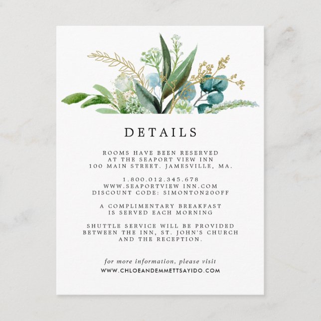 Carte D'accompagnement Green White Gold Botanical Mariage Détails sur l'i (Devant)
