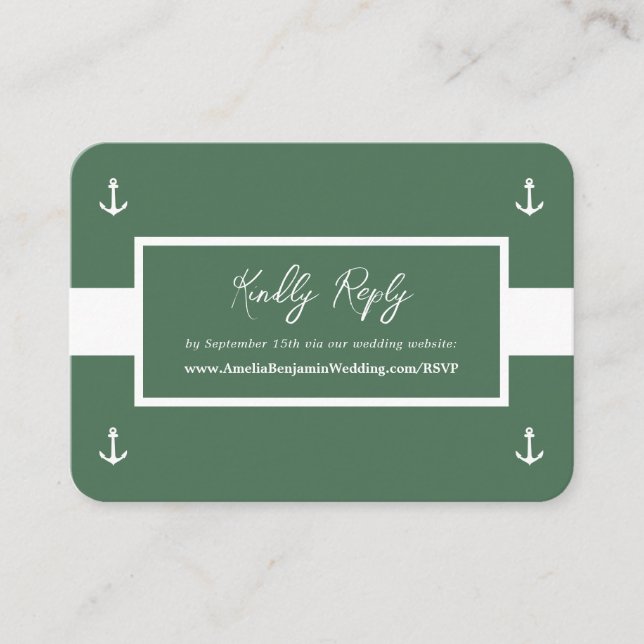 Carte D'accompagnement Green White Motif nautique site Web Mariage RSVP (Devant)