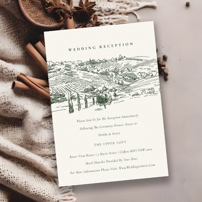 Carte D'accompagnement Green Winery Mountain Croquis Réception de mariage (Créateur téléchargé)