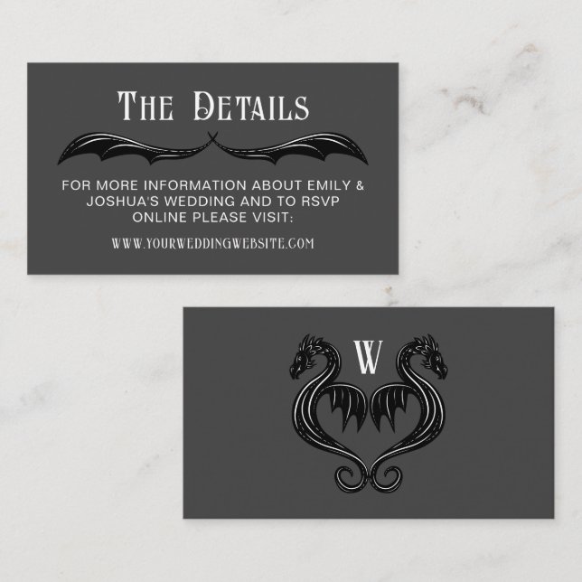 Carte D'accompagnement Gris Black Dragon Wings Imaginaire Détails Mariage (Devant / Derrière)