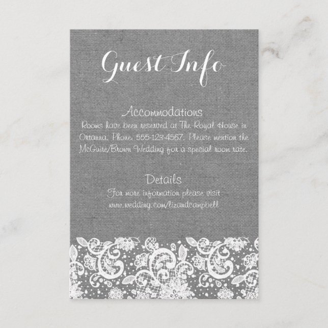 Carte D'accompagnement Gris Burlap and Lace Info Card - Mariage rustique (Devant)