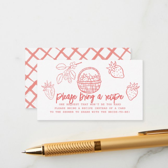 Carte D'accompagnement Hand-drawn Strawberry Bridal Shower Recipe Request (Devant/Arrière en situation)