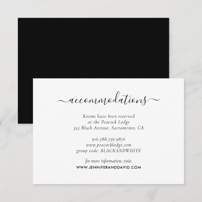 Carte D'accompagnement Hébergement de l'hôtel Mariage noir et blanc (Devant / Derrière)