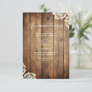 Carte D'accompagnement Hébergement de mariage Bois Rustique et Dentelle
