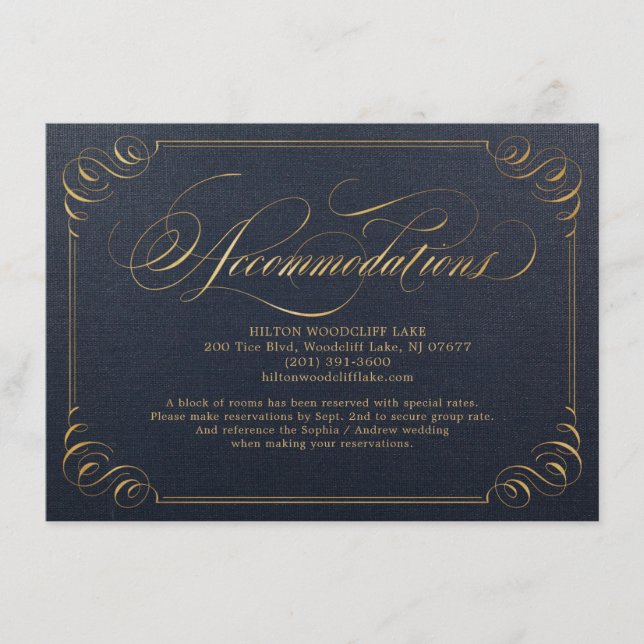 Carte D'accompagnement Hébergement en calligraphie élégante en or de la m (Devant)